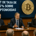 Debate no Congresso sobre tributação de 17,5% em criptoativos com painel exibindo símbolo do Bitcoin.