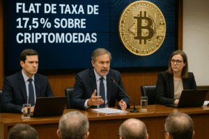 Debate no Congresso sobre tributação de 17,5% em criptoativos com painel exibindo símbolo do Bitcoin.