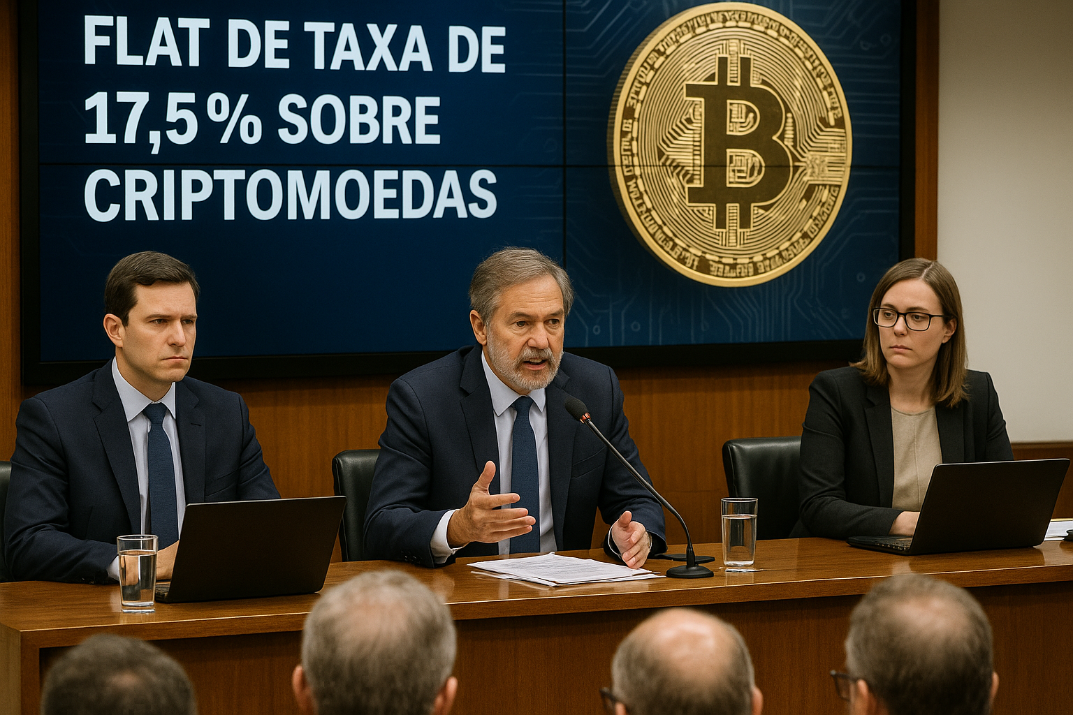 Debate no Congresso sobre tributação de 17,5% em criptoativos com painel exibindo símbolo do Bitcoin.