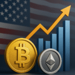 Representação realista de moedas Bitcoin e Ethereum à frente de gráfico de crescimento e bandeira dos EUA, simbolizando o avanço dos ETFs de criptomoedas no mercado financeiro americano.