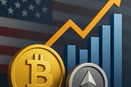 Representação realista de moedas Bitcoin e Ethereum à frente de gráfico de crescimento e bandeira dos EUA, simbolizando o avanço dos ETFs de criptomoedas no mercado financeiro americano.