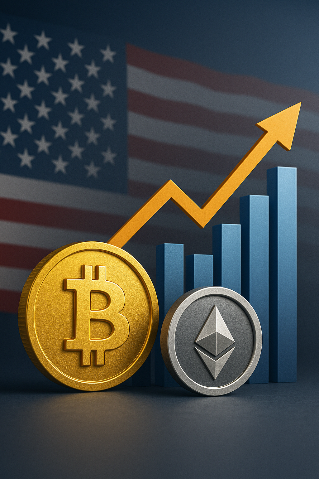 Representação realista de moedas Bitcoin e Ethereum à frente de gráfico de crescimento e bandeira dos EUA, simbolizando o avanço dos ETFs de criptomoedas no mercado financeiro americano.