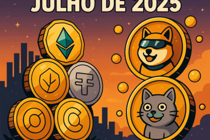 Cripto gemas de julho de 2025 ilustrando projetos promissores e meme coins emergentes com design futurista.