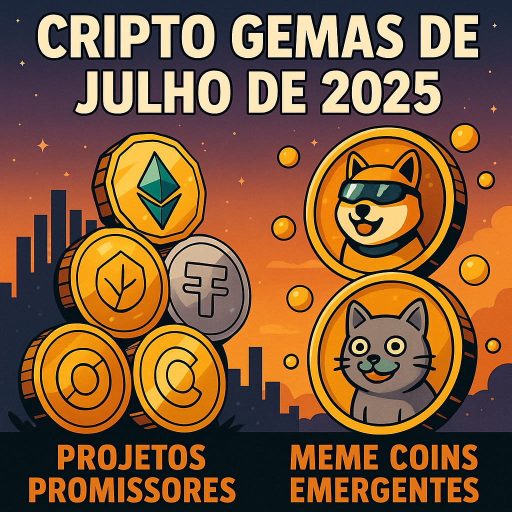 Cripto gemas de julho de 2025 ilustrando projetos promissores e meme coins emergentes com design futurista.