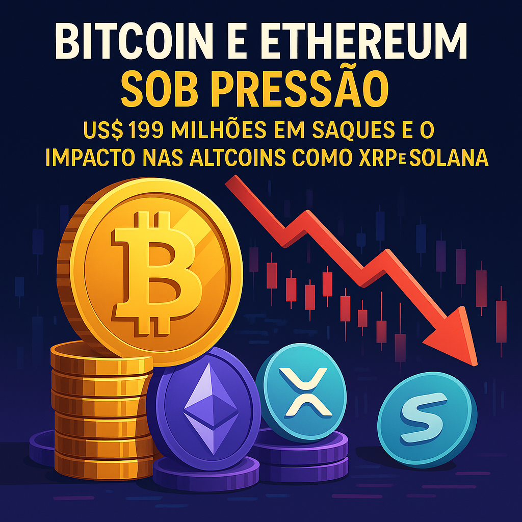 Bitcoin e Ethereum sob pressão com queda após saques de US$ 199 milhões em ETFs, afetando altcoins como XRP e Solana.