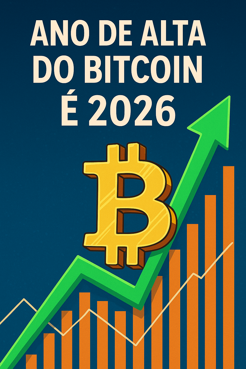 Ano de alta do Bitcoin é 2026 representado por símbolo do Bitcoin sobre seta verde de crescimento e gráfico de barras ascendentes.