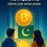 Jovens impulsionando a adoção do Bitcoin no Paquistão com bandeira nacional ao fundo e elementos digitais representando inovação financeira.