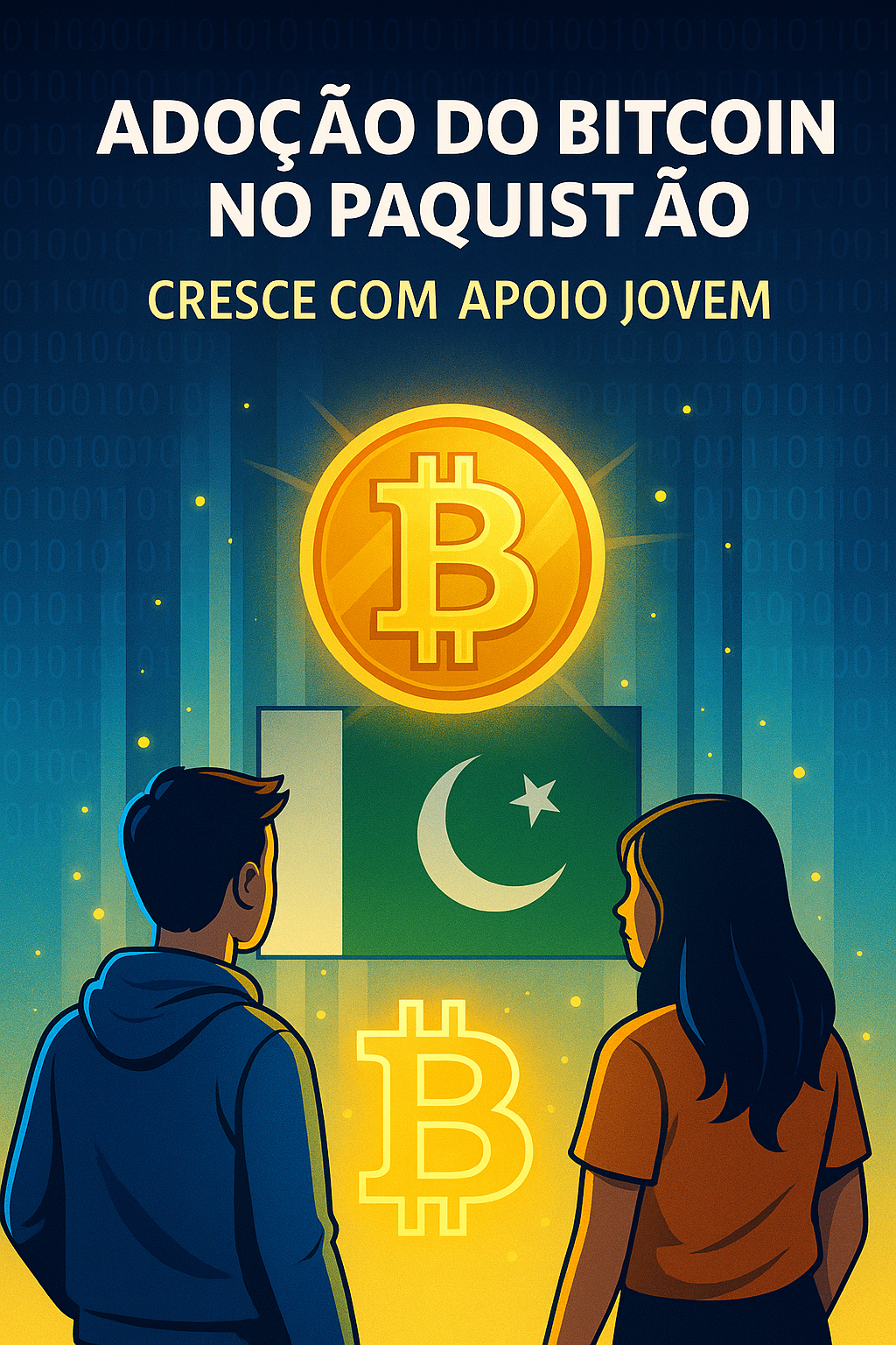 Jovens impulsionando a adoção do Bitcoin no Paquistão com bandeira nacional ao fundo e elementos digitais representando inovação financeira.