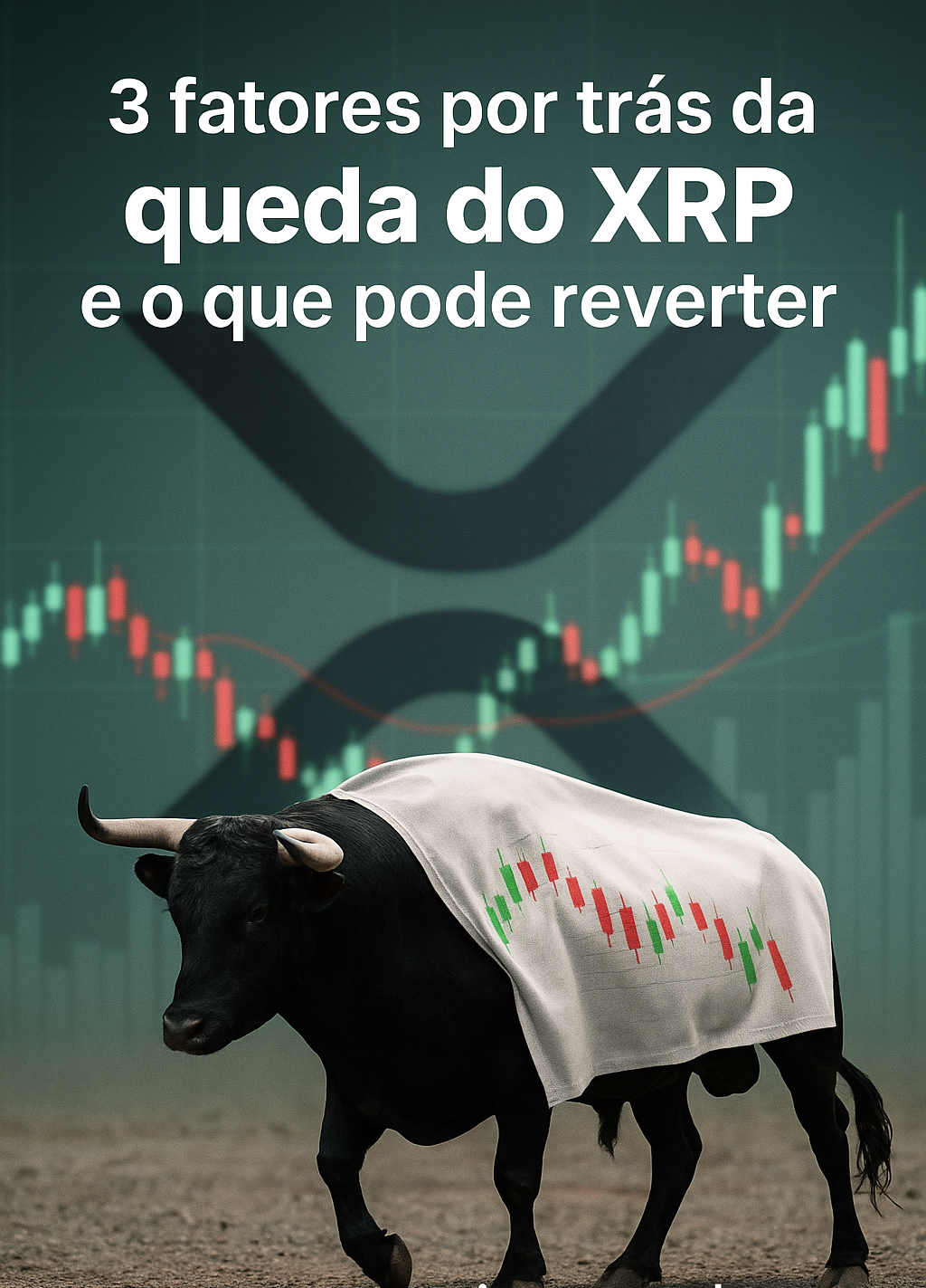 Touro negro realista com gráfico de velas de queda estampado no dorso, diante do logotipo do XRP e fundo com candles vermelhos.