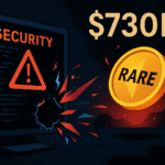 Representação em estilo minimalista da exploração na SuperRare, com um contrato inteligente sendo invadido e $730 mil em tokens RARE desaparecendo.