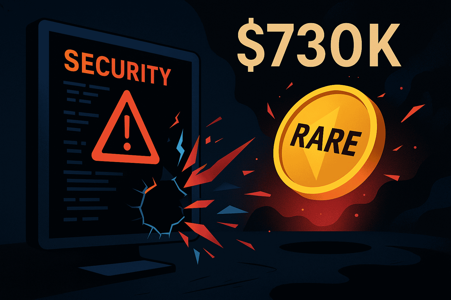 Representação em estilo minimalista da exploração na SuperRare, com um contrato inteligente sendo invadido e $730 mil em tokens RARE desaparecendo.