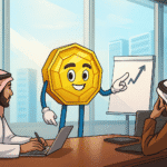 Ilustração da negociação de criptomoedas nos Emirados Árabes com banco tradicional.