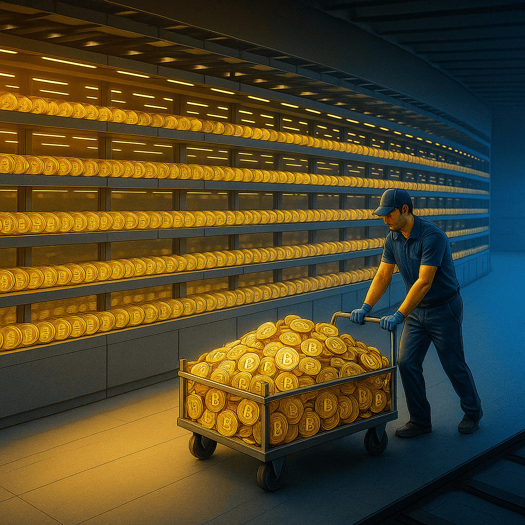 Reserva de Bitcoin da Twenty One Capital representada por cofres digitais cheios de criptomoedas, simbolizando a acumulação institucional de BTC.