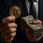 FalconX desembarca no Brasil com serviços financeiros institucionais em criptomoedas, ilustrado por um executivo segurando um Bitcoin e um maço de dólares.