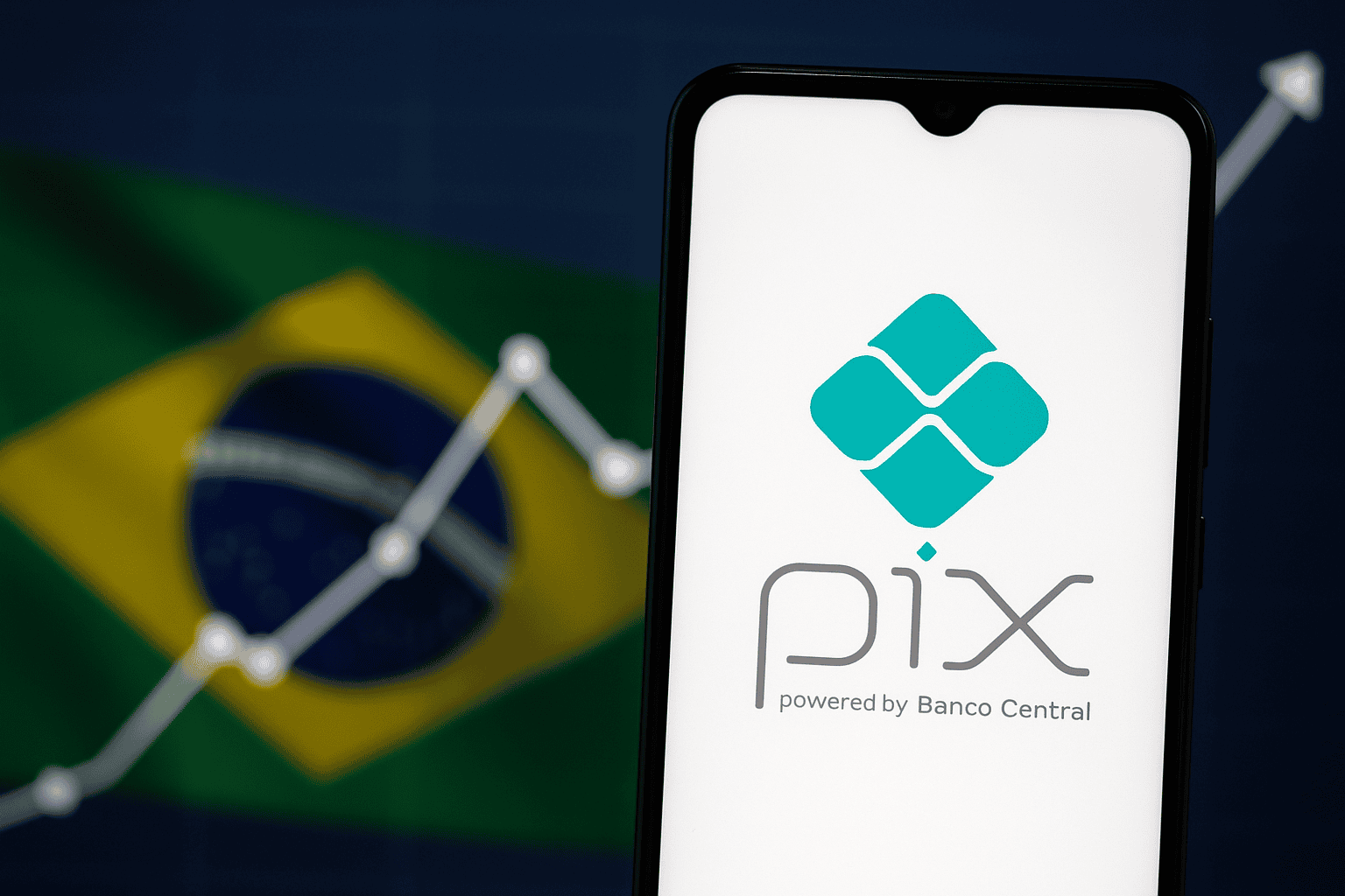 Logotipo do Pix em smartphone com gráfico crescente e bandeira do Brasil ao fundo, privatização do pix.