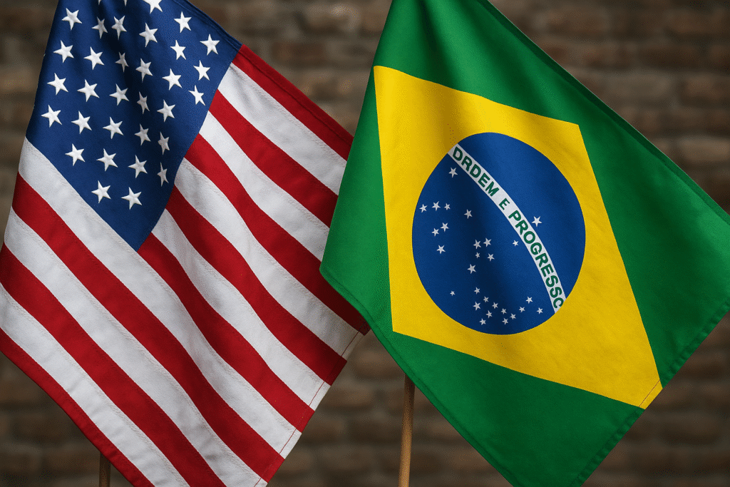 Bandeiras-do-Brasil-e-EUA-lado-a-lado-1024x683 EUA impõem tarifa de 50% ao Brasil: medida entra em vigor em 6 de agosto