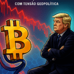 Bitcoin cai abaixo de US$ 115 mil enquanto Trump observa o mercado em queda com gráficos vermelhos de fundo, representando tensão geopolítica.