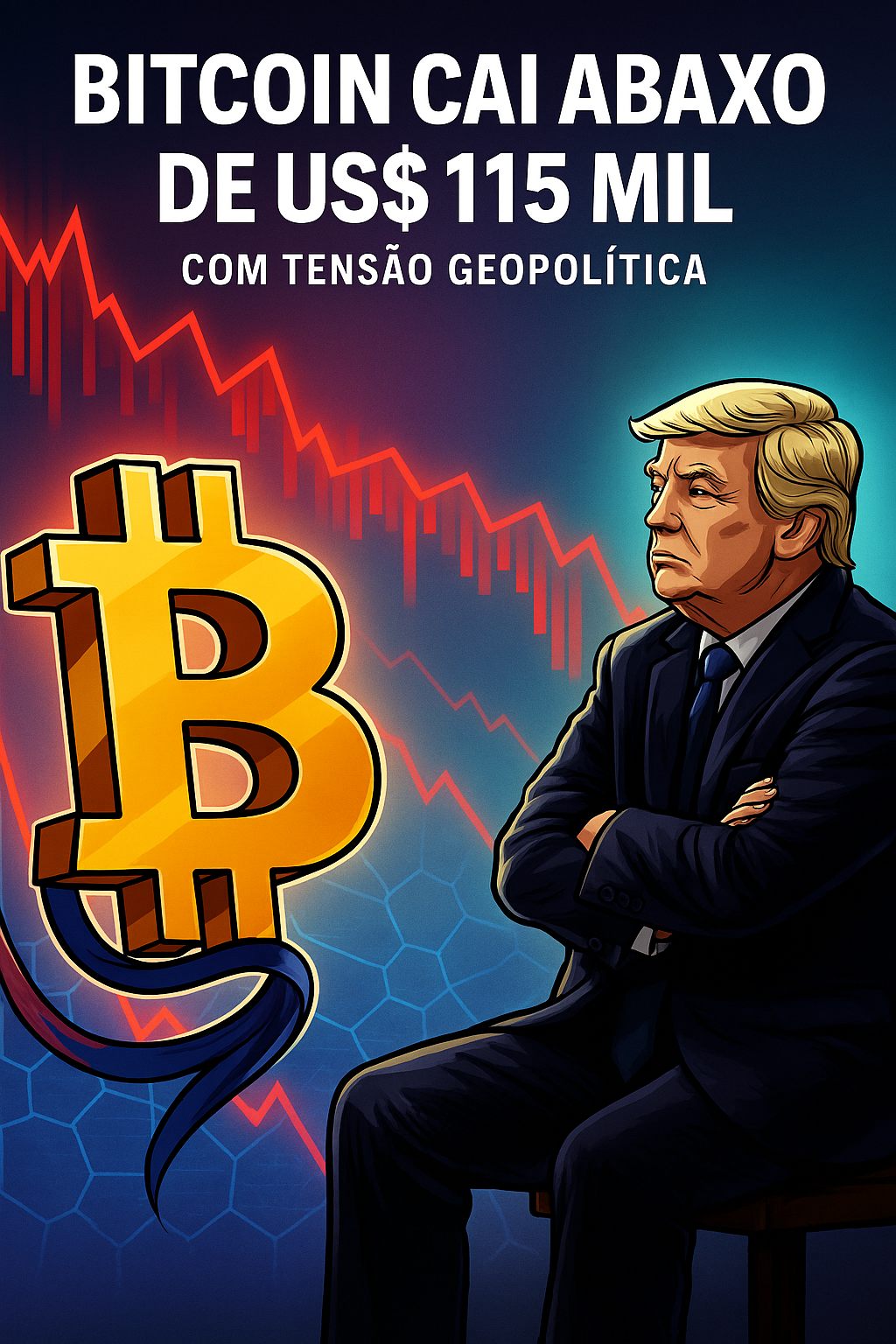 Bitcoin cai abaixo de US$ 115 mil enquanto Trump observa o mercado em queda com gráficos vermelhos de fundo, representando tensão geopolítica.