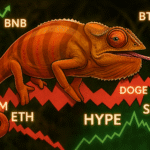 Análise de preços em 01/08: BTC, ETH, XRP, BNB, SOL, DOGE, ADA, HYPE, XLM, SUI representada por camaleão adaptando-se aos movimentos do mercado cripto em gráficos ascendentes e descendentes.