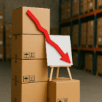 Caixas empilhadas em armazém com seta vermelha para baixo simbolizando queda nas exportações.