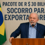 Presidente Lula discursa sobre pacote econômico de R$ 30 bilhões para exportadores brasileiros. Exportadores.