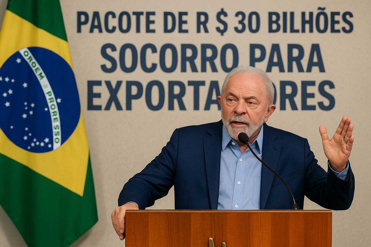 Presidente Lula discursa sobre pacote econômico de R$ 30 bilhões para exportadores brasileiros. Exportadores.
