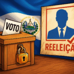 Presidente de El Salvador Nayib Bukele pode concorrer às eleições por tempo indeterminado representado em imagem simbólica com bandeira nacional ao fundo