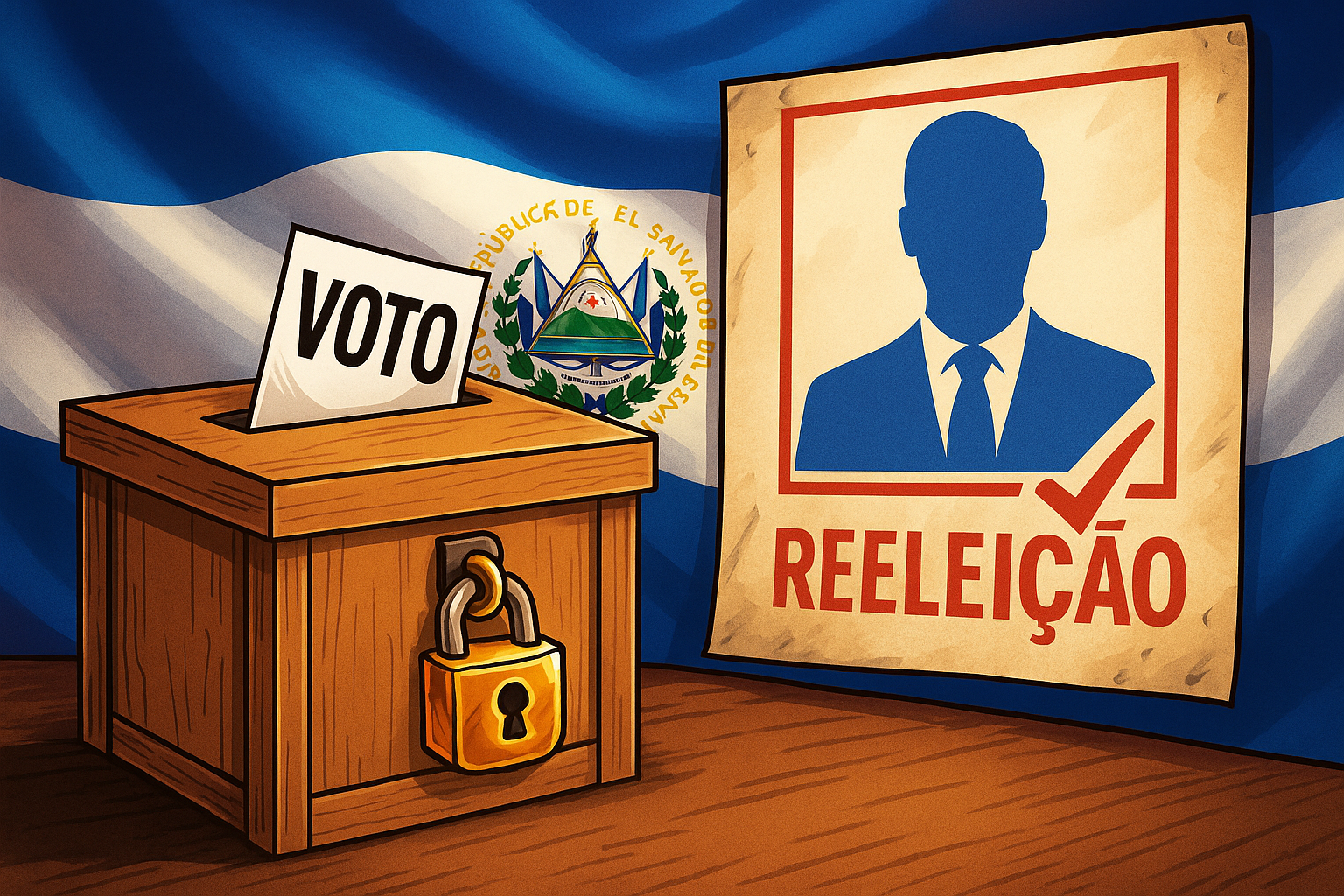 Presidente de El Salvador Nayib Bukele pode concorrer às eleições por tempo indeterminado representado em imagem simbólica com bandeira nacional ao fundo