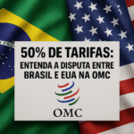 Montagem com bandeiras do Brasil e EUA e logotipo da OMC simbolizando disputa comercial por tarifas de 50%. Disputa entre Brasil e EUA na OMC.