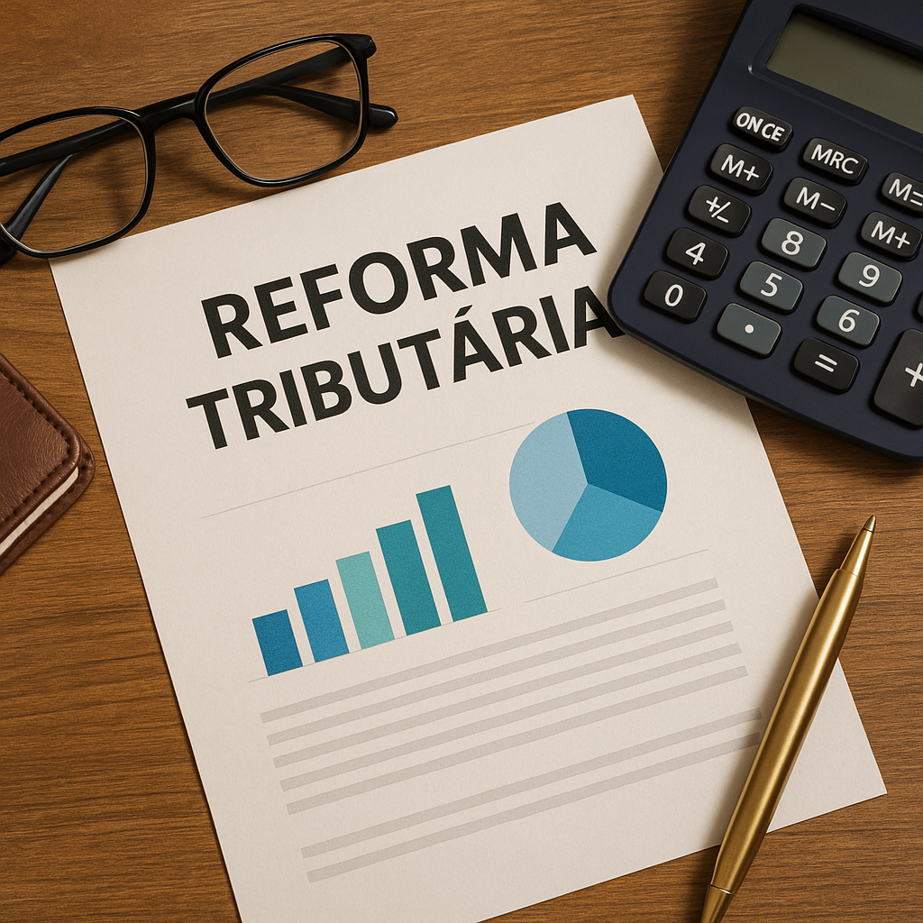 Mesa com documentos sobre reforma tributária, gráficos, calculadora e óculos, simbolizando ajustes contábeis e fiscais. Reforma Tributária.