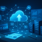 Nuvem digital conectada a gráficos, laptop e servidores, simbolizando automação fiscal e adaptação contábil em nuvem.