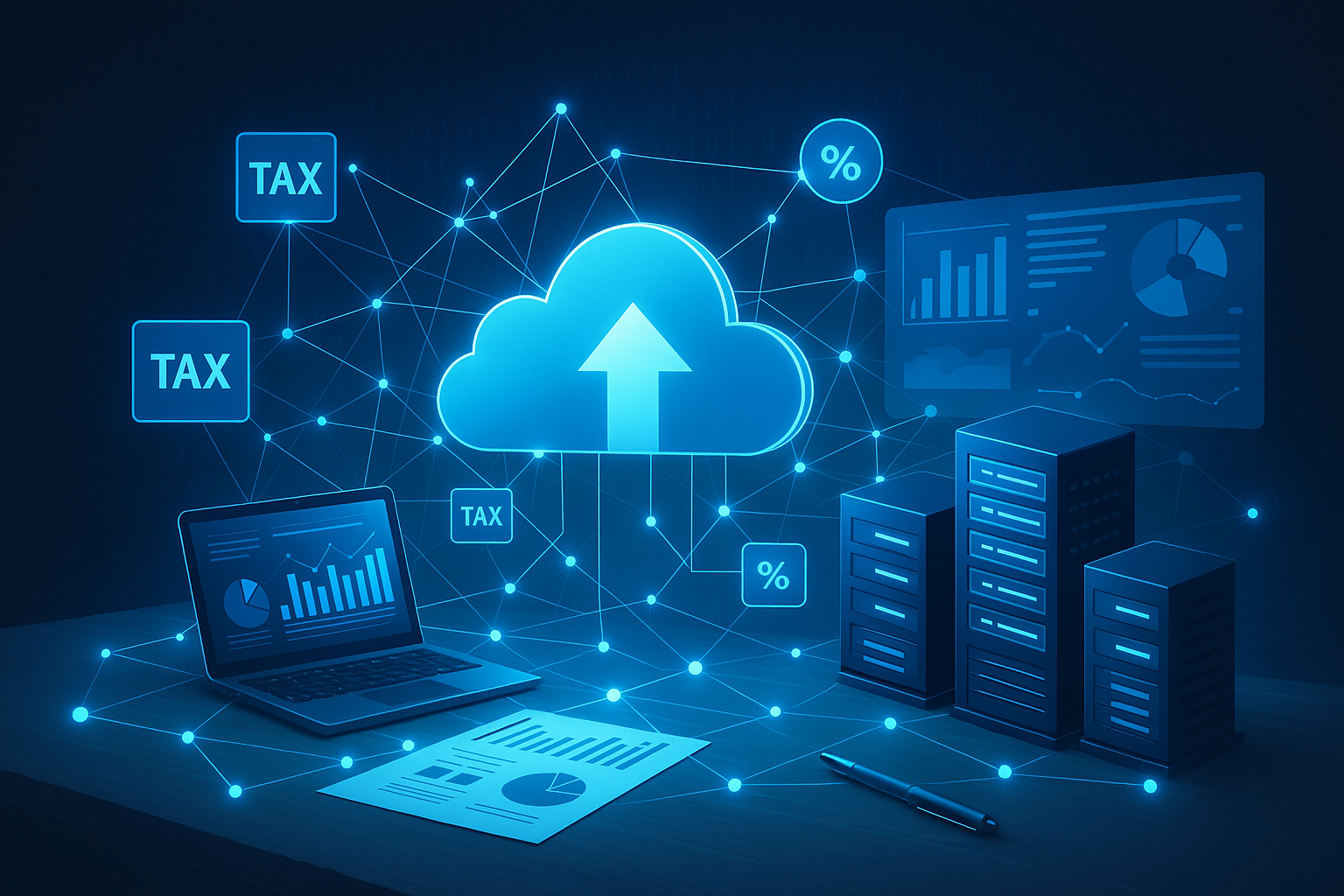 Nuvem digital conectada a gráficos, laptop e servidores, simbolizando automação fiscal e adaptação contábil em nuvem.
