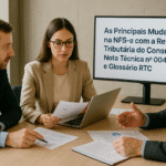 Grupo de especialistas revisando atualizações fiscais da NFS-e conforme a Reforma Tributária do Consumo. Nota Tecnica.