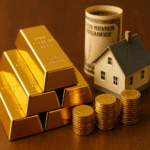 Ouro, miniatura de imóvel e título do Tesouro dos EUA como ativos de proteção patrimonial. investir.