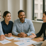 Grupo de profissionais em reunião analisando documentos com gráficos e dados sobre integração de clientes. clientes.