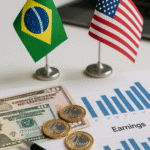 Bandeiras do Brasil e EUA com moedas, dólares e relatório de lucros sobre impacto das tarifas comerciais.