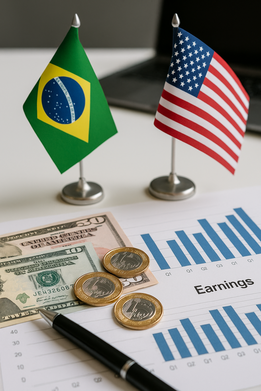 Bandeiras do Brasil e EUA com moedas, dólares e relatório de lucros sobre impacto das tarifas comerciais.