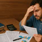 Homem preocupado analisa documentos fiscais do MEI com gráficos de impostos sobre a mesa