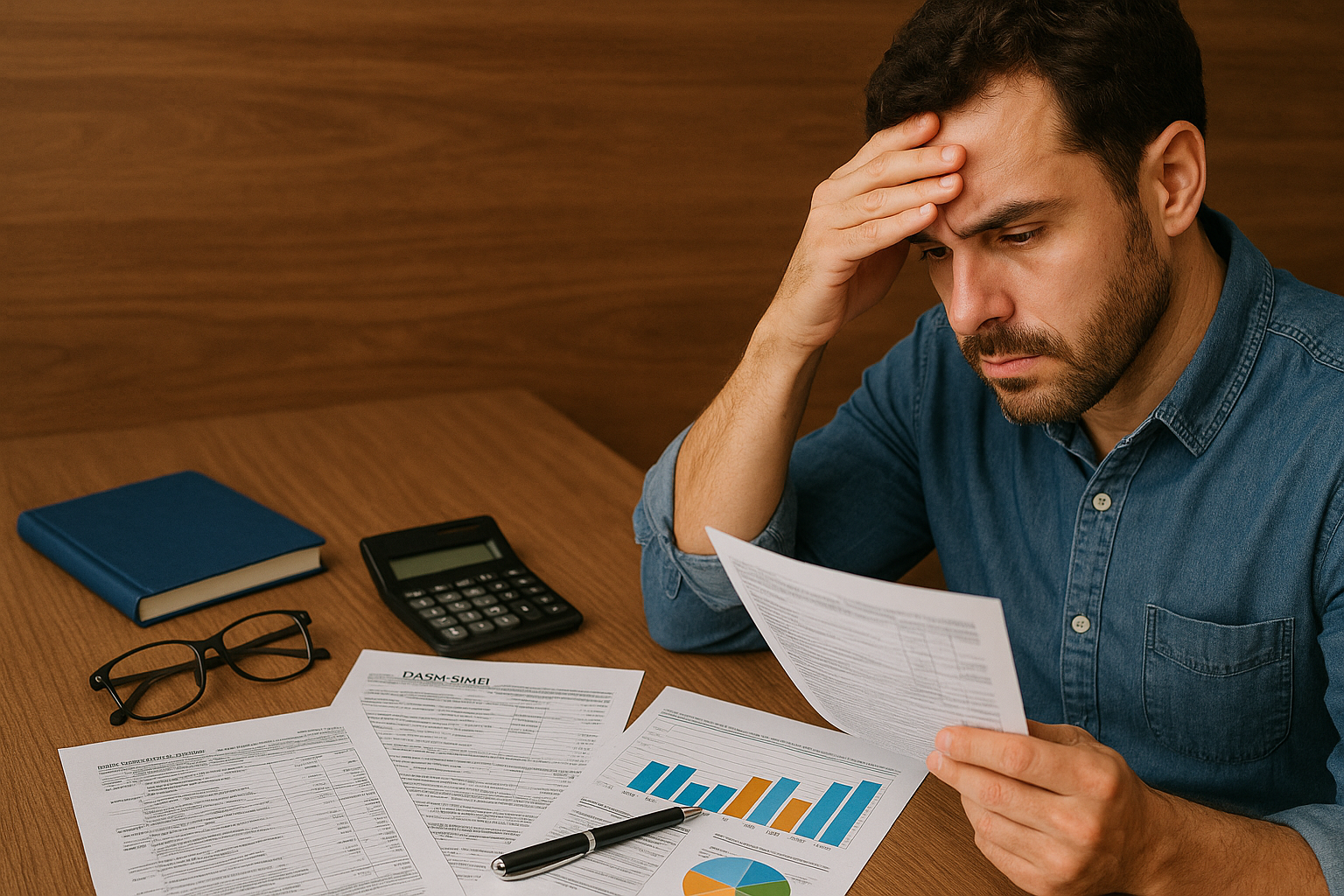 Homem preocupado analisa documentos fiscais do MEI com gráficos de impostos sobre a mesa