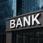 Fachada de banco moderno com gráficos financeiros no fundo representando mudanças fiscais no setor financeiro. bancos.