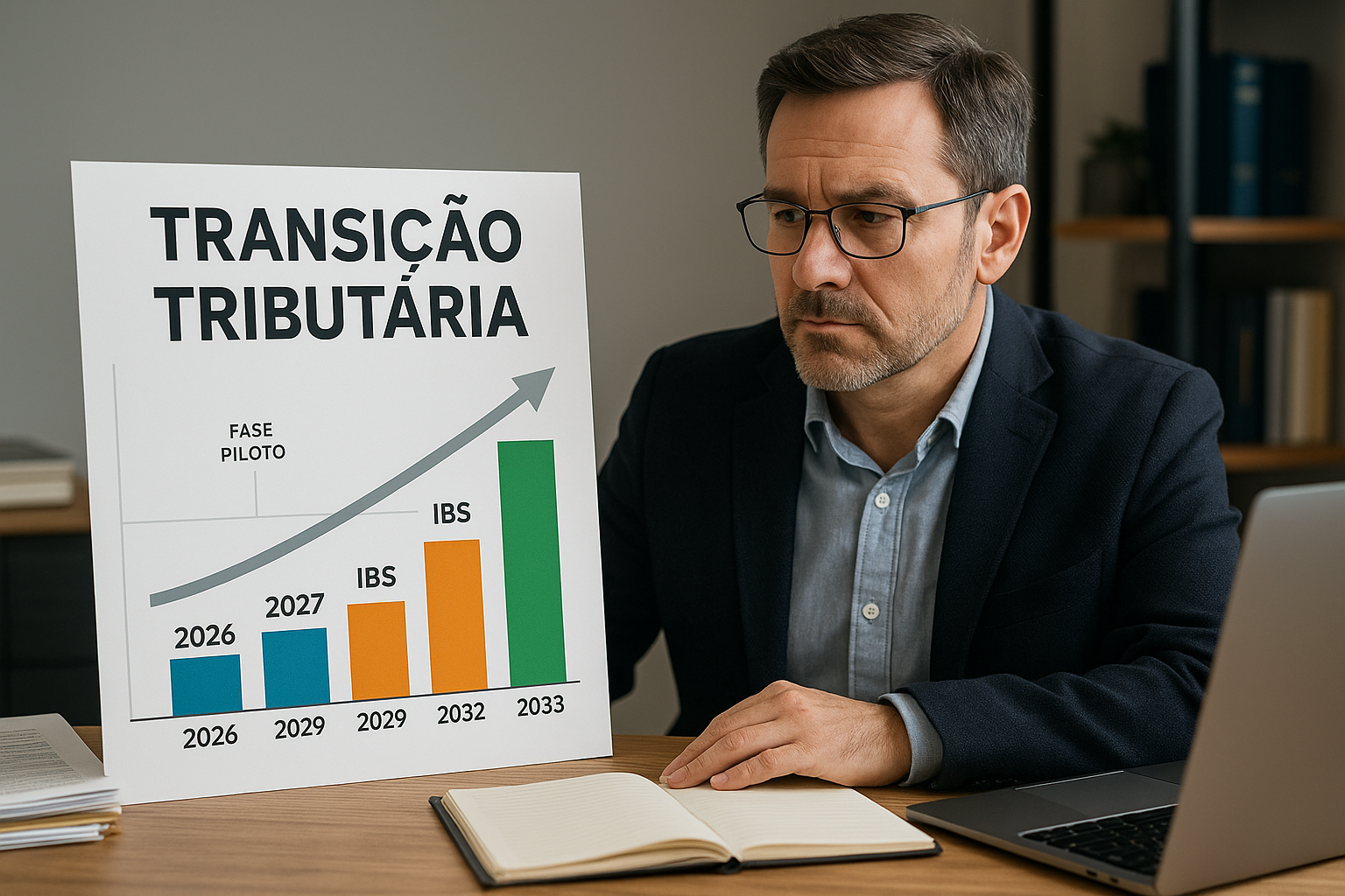 Contador analisando gráfico da transição tributária de 2026 a 2033 com projeção de alíquotas do IBS.