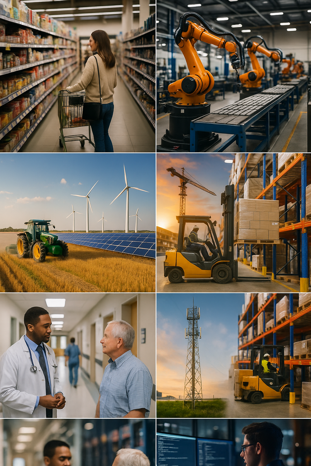 Montagem fotográfica de nove imagens representando setores como varejo, indústria, construção, agricultura, energia, logística, saúde, telecomunicações e tecnologia. setores economicos.