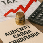 Gráfico com seta vermelha, moedas e documento sobre aumento da carga tributária em cenário fiscal. aumento da carga tributária.