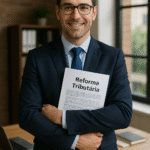 Empresário de pequeno porte confiante segurando documento da Reforma Tributária em escritório profissional. serviço.